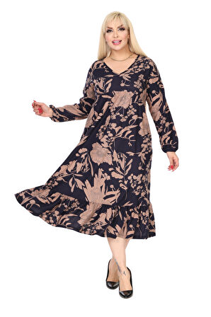 Melsay Butik Kışlık Robalı Yumoş Uzun Kollu Lacivert Yaprak Desenli Cepli Elbise