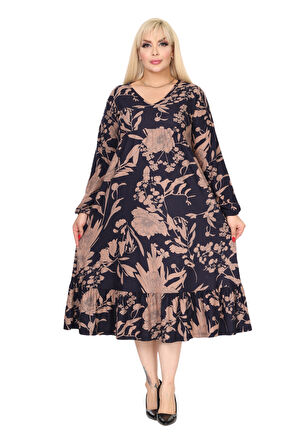 Melsay Butik Kışlık Robalı Yumoş Uzun Kollu Lacivert Yaprak Desenli Cepli Elbise
