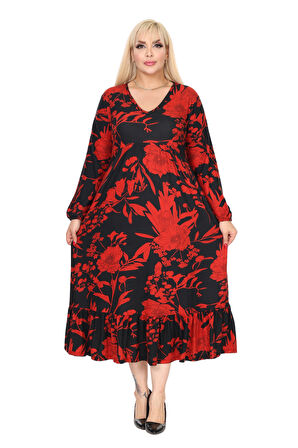 Melsay Butik Kışlık Robalı Yumoş Uzun Kollu Kırmızı Yaprak Desenli Cepli Elbise