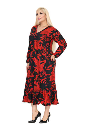 Melsay Butik Kışlık Robalı Yumoş Uzun Kollu Kırmızı Yaprak Desenli Cepli Elbise