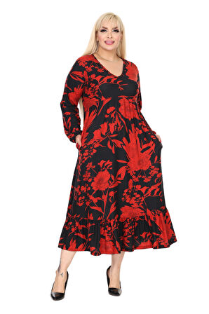 Melsay Butik Kışlık Robalı Yumoş Uzun Kollu Kırmızı Yaprak Desenli Cepli Elbise