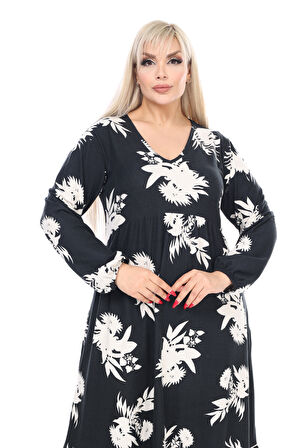 Melsay Butik Kışlık Robalı Yumoş Uzun Kollu Siyah Beyaz Yaprak Desenli Elbise