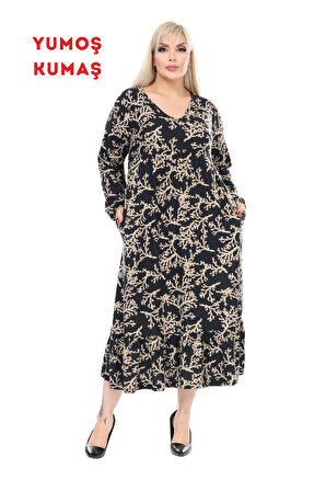 Melsay Butik Kışlık Robalı Yumoş Uzun Kollu Vizon Mercan Desenli Elbise