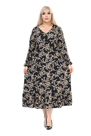 Melsay Butik Kışlık Robalı Yumoş Uzun Kollu Vizon Mercan Desenli Elbise