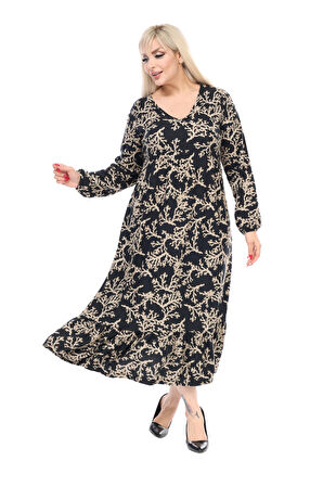 Melsay Butik Kışlık Robalı Yumoş Uzun Kollu Vizon Mercan Desenli Elbise