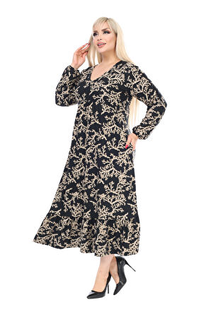 Melsay Butik Kışlık Robalı Yumoş Uzun Kollu Vizon Mercan Desenli Elbise