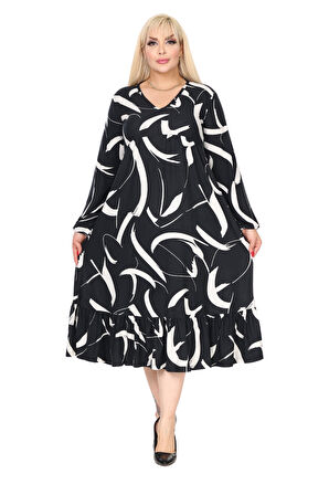 Melsay Butik Kışlık Robalı Yumoş Uzun Kollu Siyah Beyaz Tüy Desenli Elbise