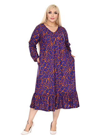 Melsay Butik Kışlık Robalı Yumoş Uzun Kollu Mor Çiçek Desenli Elbise