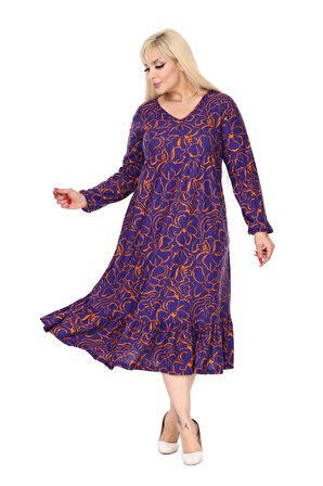 Melsay Butik Kışlık Robalı Yumoş Uzun Kollu Mor Çiçek Desenli Elbise