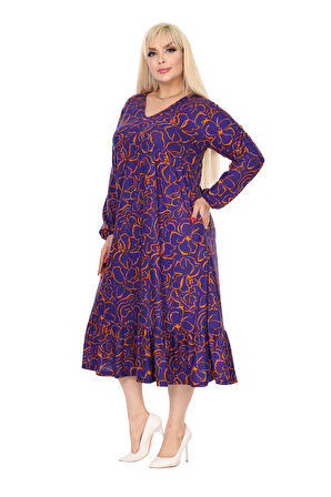 Melsay Butik Kışlık Robalı Yumoş Uzun Kollu Mor Çiçek Desenli Elbise
