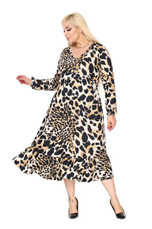 Melsay Butik Kışlık Robalı Yumoş Uzun Kollu Kaplan Desenli Elbise