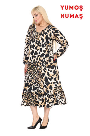 Melsay Butik Kışlık Robalı Yumoş Uzun Kollu Kaplan Desenli Elbise