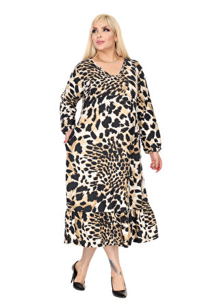 Melsay Butik Kışlık Robalı Yumoş Uzun Kollu Kaplan Desenli Elbise
