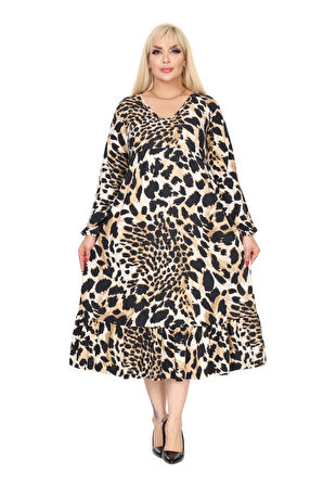Melsay Butik Kışlık Robalı Yumoş Uzun Kollu Kaplan Desenli Elbise