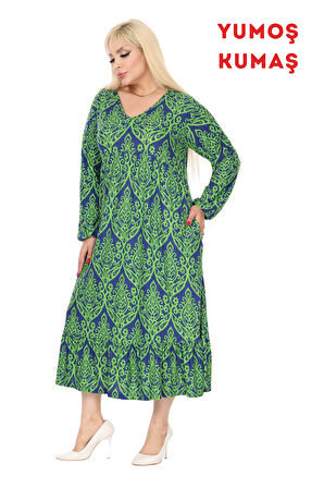 Melsay Butik Kışlık Robalı Yumoş Uzun Kollu Yeşil Dantel Desenli Elbise
