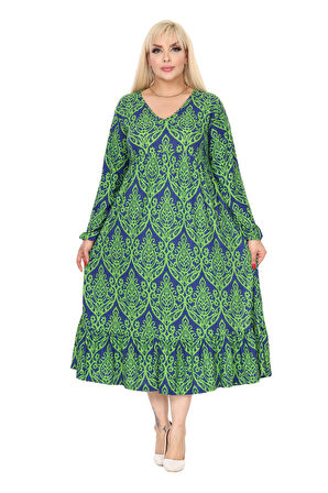 Melsay Butik Kışlık Robalı Yumoş Uzun Kollu Yeşil Dantel Desenli Elbise