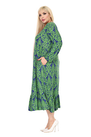 Melsay Butik Kışlık Robalı Yumoş Uzun Kollu Yeşil Dantel Desenli Elbise