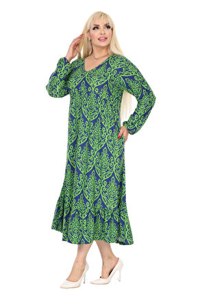 Melsay Butik Kışlık Robalı Yumoş Uzun Kollu Yeşil Dantel Desenli Elbise