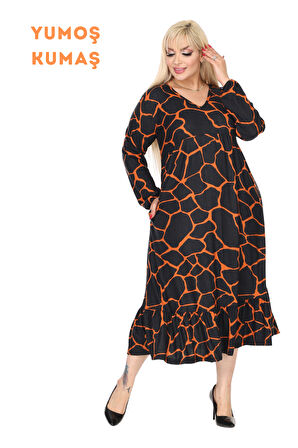 Melsay Butik Kışlık Robalı Yumoş Uzun Kollu Siyah Taş Desenli Elbise