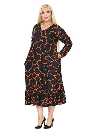 Melsay Butik Kışlık Robalı Yumoş Uzun Kollu Siyah Taş Desenli Elbise