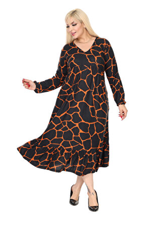 Melsay Butik Kışlık Robalı Yumoş Uzun Kollu Siyah Taş Desenli Elbise