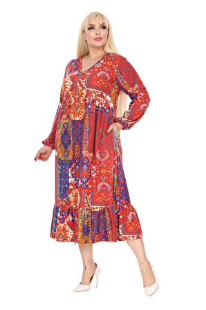 Melsay Butik Kışlık Robalı Yumoş Uzun Kollu Kırmızı Etnik Desen Elbise