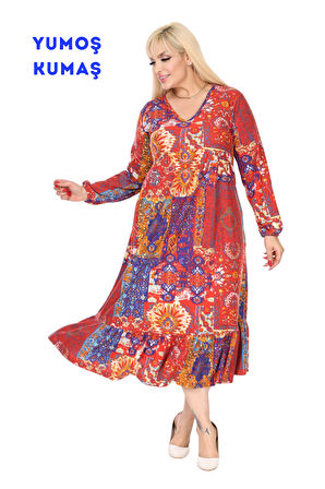 Melsay Butik Kışlık Robalı Yumoş Uzun Kollu Kırmızı Etnik Desen Elbise