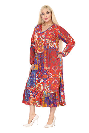 Melsay Butik Kışlık Robalı Yumoş Uzun Kollu Kırmızı Etnik Desen Elbise