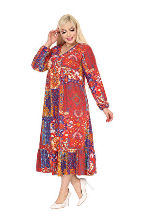 Melsay Butik Kışlık Robalı Yumoş Uzun Kollu Kırmızı Etnik Desen Elbise