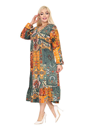 Melsay Butik Kışlık Robalı Yumoş Uzun Kollu Sarı Etnik Desen Elbise