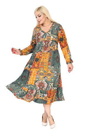 Melsay Butik Kışlık Robalı Yumoş Uzun Kollu Sarı Etnik Desen Elbise