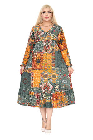 Melsay Butik Kışlık Robalı Yumoş Uzun Kollu Sarı Etnik Desen Elbise