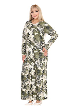 Melsay Butik Yumoş Kumaş Yeşil Batik Desen Uzun Kollu Kadın Tesettür Elbise