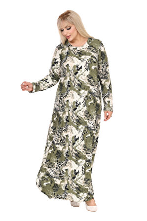Melsay Butik Yumoş Kumaş Yeşil Batik Desen Uzun Kollu Kadın Tesettür Elbise