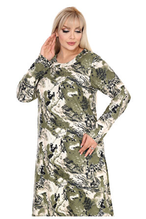 Melsay Butik Yumoş Kumaş Yeşil Batik Desen Uzun Kollu Kadın Tesettür Elbise