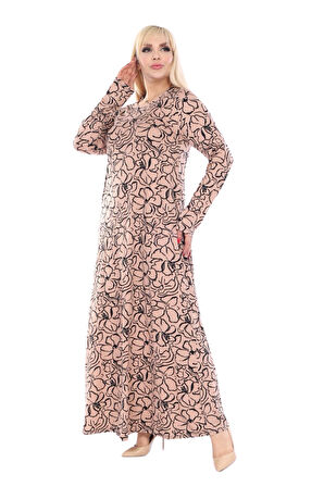 Melsay Butik Yumoş Kumaş Somon Çiçek Desen Uzun Kollu Kadın Tesettür Elbise
