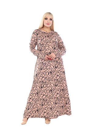 Melsay Butik Yumoş Kumaş Somon Çiçek Desen Uzun Kollu Kadın Tesettür Elbise