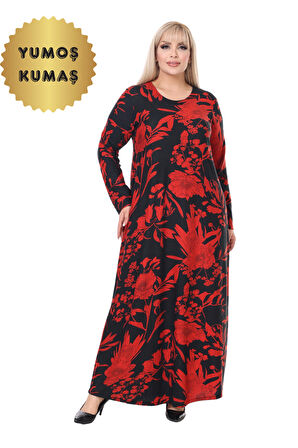 Melsay Butik Yumoş Kumaş Kırmızı Tropik Desen Uzun Kollu Kadın Tesettür Elbise