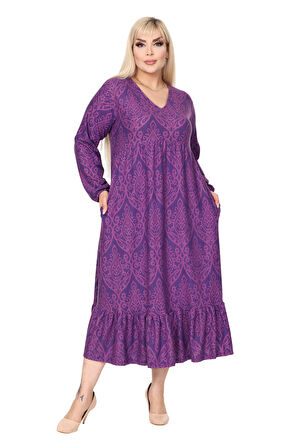 Melsay Butik Kışlık Robalı Yumoş Uzun Kollu Mor Dantel Desenli Elbise