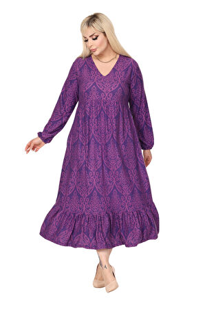 Melsay Butik Kışlık Robalı Yumoş Uzun Kollu Mor Dantel Desenli Elbise