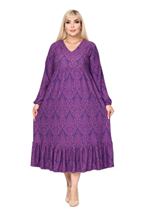 Melsay Butik Kışlık Robalı Yumoş Uzun Kollu Mor Dantel Desenli Elbise