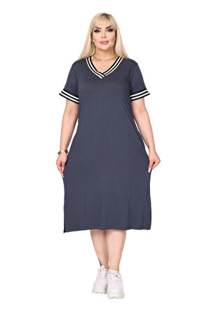 Melsay Butik Antrasit Yakası Şeritli V Yaka Midi Elbise