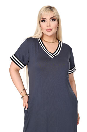 Melsay Butik Antrasit Yakası Şeritli V Yaka Midi Elbise