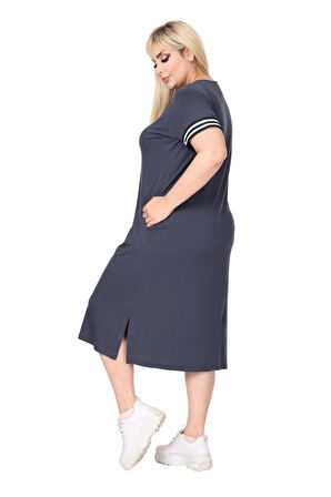 Melsay Butik Antrasit Yakası Şeritli V Yaka Midi Elbise