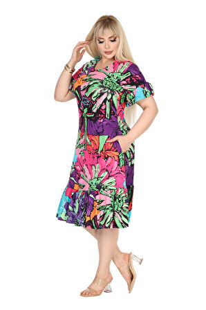 Melsay Butik Kadın Büyük Beden Eteği Fırfırlı Karışık Renkli Desen Cepli Elbise