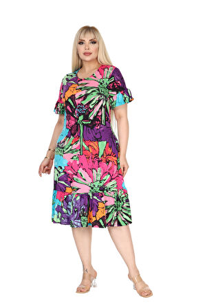 Melsay Butik Kadın Büyük Beden Eteği Fırfırlı Karışık Renkli Desen Cepli Elbise