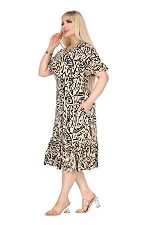 Melsay Butik Kadın Büyük Beden Eteği Fırfırlı Bej Yaprak Desen Cepli Elbise