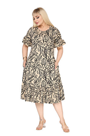 Melsay Butik Kadın Büyük Beden Eteği Fırfırlı Bej Yaprak Desen Cepli Elbise