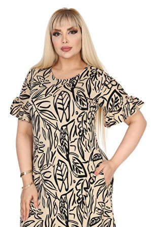 Melsay Butik Kadın Büyük Beden Eteği Fırfırlı Bej Yaprak Desen Cepli Elbise