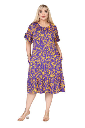 Melsay Butik Kadın Büyük Beden Eteği Fırfırlı Mor Yaprak Desen Cepli Elbise